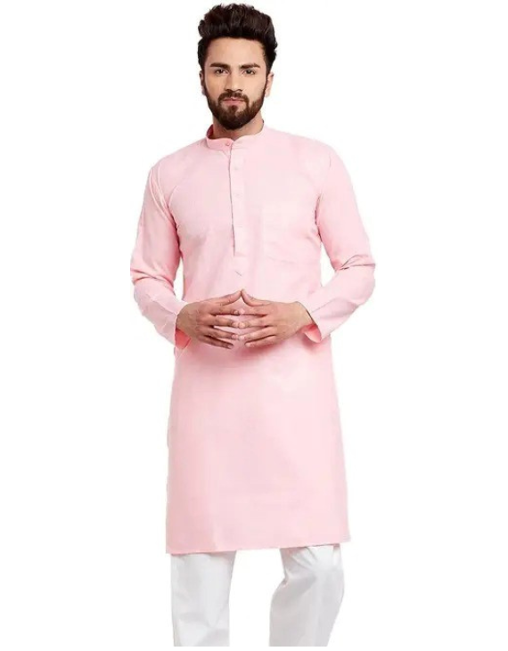 Men Cotton Blend Kurta Pajama Set (Pink Color)