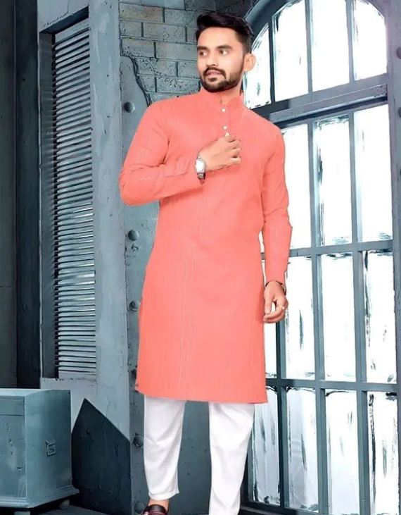 Men Cotton Blend Kurta Pajama Set (Pink Color)