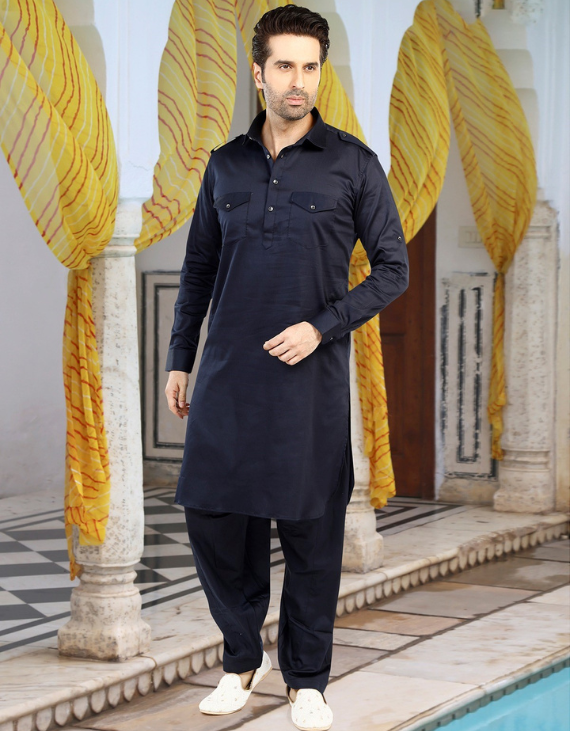 Pathani Linen Black Men Kurta Pajama