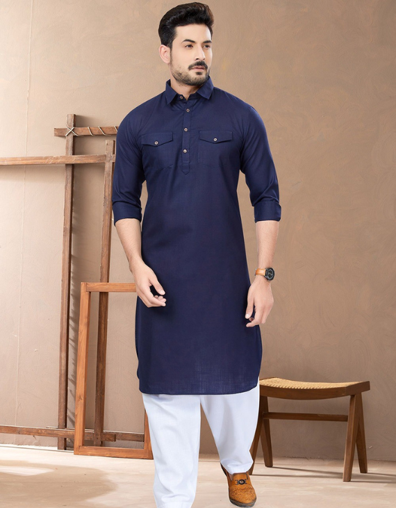 Navy Blue Men's Plain Pathani Suit and Pajama