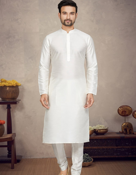 White Art Silk Men’s Kurta Pajama