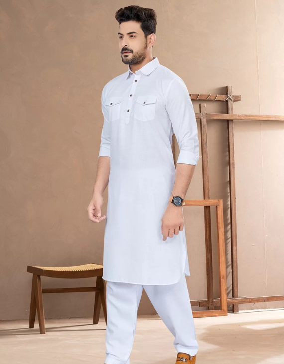 White Cotton Pathani Suit