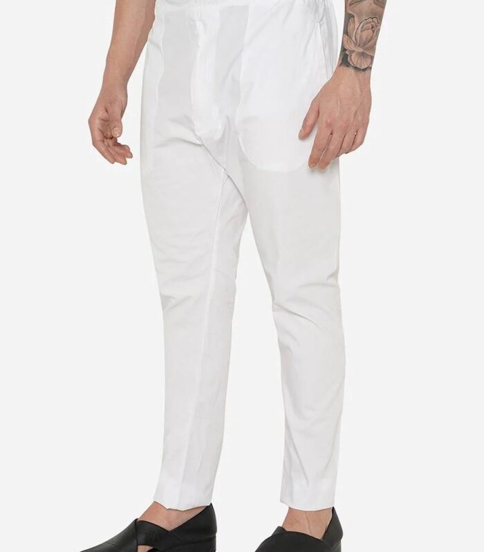 Ivory Knot White Cotton Blend Aligarh Pyjama (with Nadi Tie)